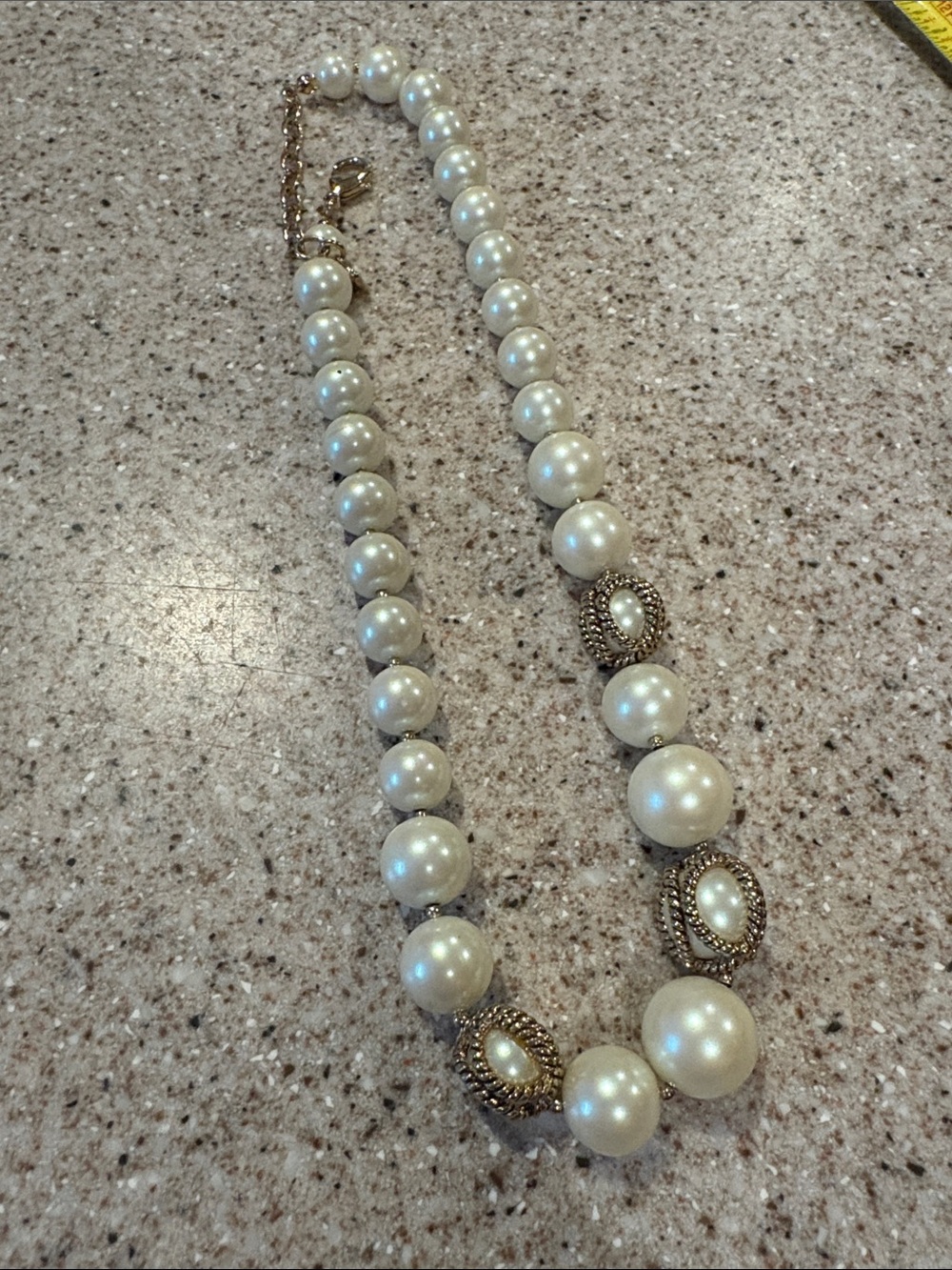 Classic Ivory Pearl Statement Necklace with Gold Accents, 17”